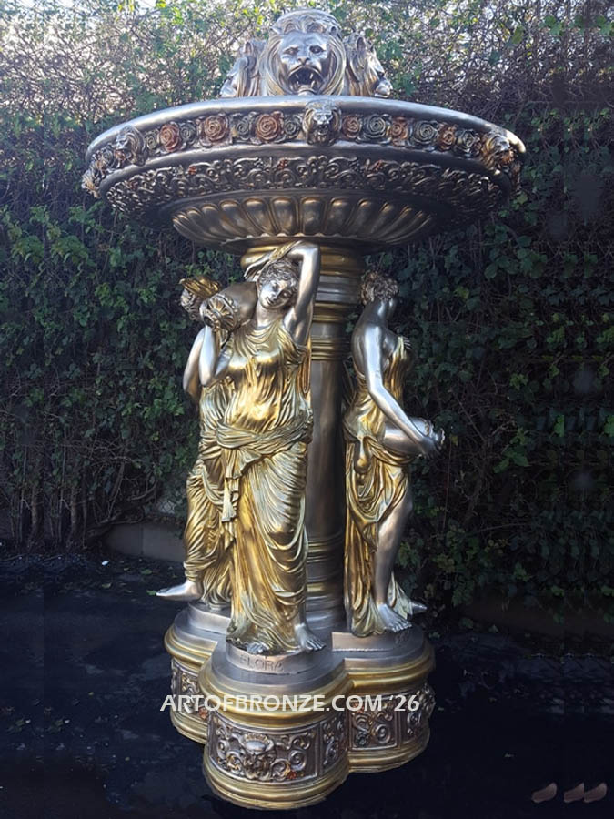 Divine Tranquility bronze cast monumental lion heads & maidens tiered fountain Estate centerpiece