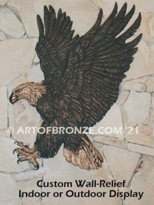 Touchdown bronze sculpture of striking eagle with outstretched wings and talons to attach to wall or building