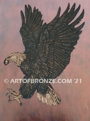 Touchdown bronze sculpture of striking eagle with outstretched wings and talons to attach to wall or building