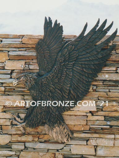 Bronze bas relief striking eagle statue for fireplace, outside building, living room wall