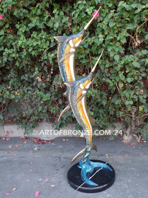 Double Surprise bronze sport fishing fine art gallery statue of sailfish, marlin and swordfish