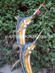 Double Surprise bronze sport fishing fine art gallery sculpture of sailfish, marlin and swordfish