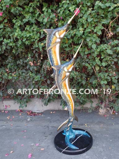 Double Surprise bronze sport fishing fine art gallery sculpture of sailfish, marlin and swordfish