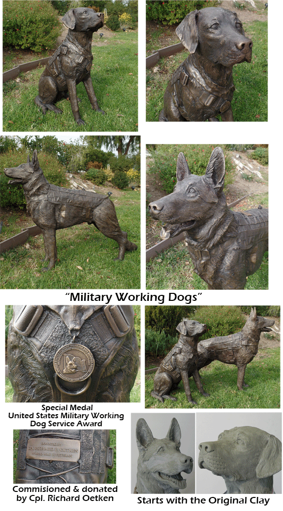 Life-size Labrador and German Shepherd bronze military bronze statue memorial