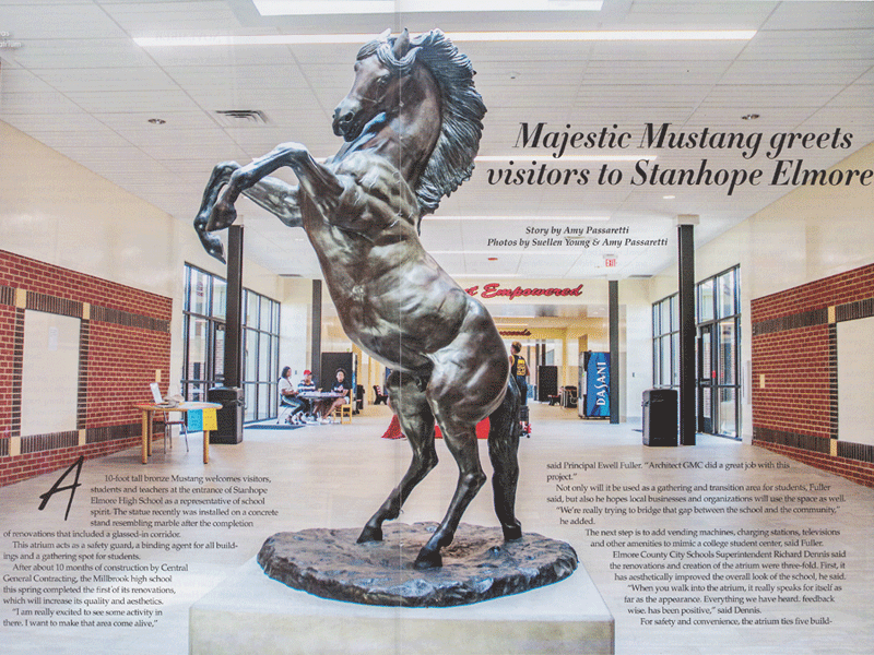 Wild Country sculpture of reared horse with forelegs off the ground and hind legs mascot for Stanhope Elmore High School