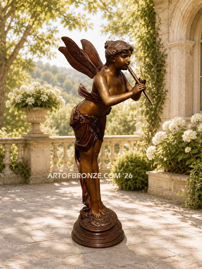 Forest Nymph with Flute bronze sculpture of mythical nymph, fairy and sprite for private gallery or public display