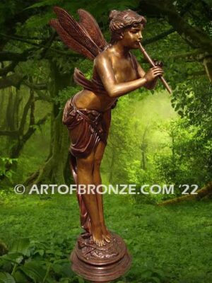 Forest Nymph with Flute bronze sculpture of mythical nymph, fairy and sprite for private gallery or public display