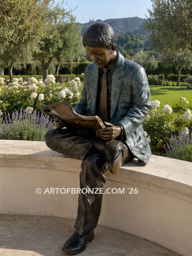 Morning Paper bronze sculpture of older man relaxing on bench with newspaper in lap