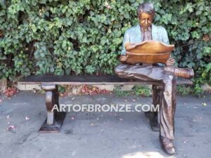 Morning Paper bronze sculpture of older man relaxing on bench with newspaper in lap