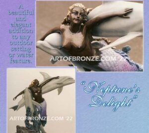 Neptunes Delight Bronze sculpture of mermaid swimming with dolphins for pool or water feature