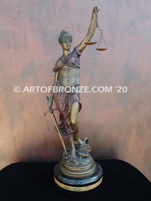 Blind Justice monumental bronze sculpture of Lady Justice holding scales for law firm or lawyers office