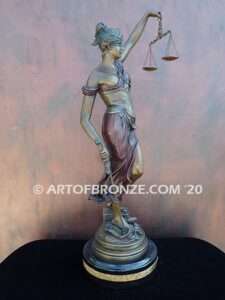 Blind Justice monumental bronze sculpture of Lady Justice holding scales for law firm or lawyers office