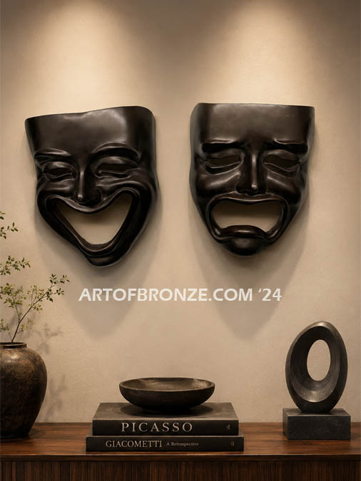 Comedy and Tragedy bronze laughing and crying masks wall artwork symbol for the theater