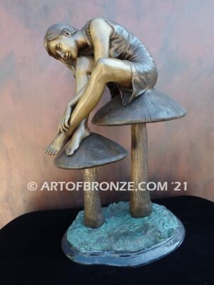 Enchanted Mushroom fairy tale & fantasy bronze statue of beautiful woman sitting on mushrooms