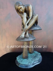 Enchanted Mushroom fairy tale & fantasy bronze statue of beautiful woman sitting on mushrooms