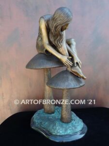 Enchanted Mushroom fairy tale & fantasy bronze statue of beautiful woman sitting on mushrooms