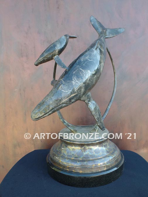 Tenderness indoor marine art bronze sculpture mother & calf humpback whale for home or office