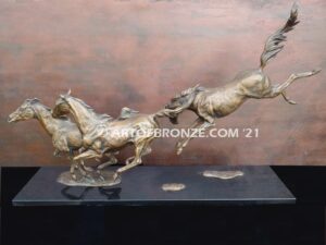 Heaven’s Gate limited edition sculpture of three running horses attached to marble base