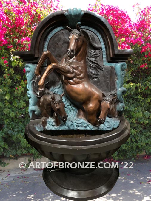 Trilogy bronze cast heroic size outdoor fountain of three majestic horses