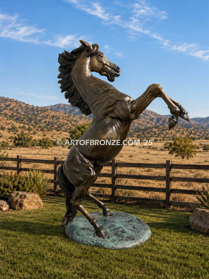 Thunderstruck outdoor bronze rearing stallion horse sculpture with front legs raised high