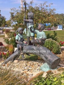 Fun Day outdoor bronze statue of three kids playing on huge bronze arched log