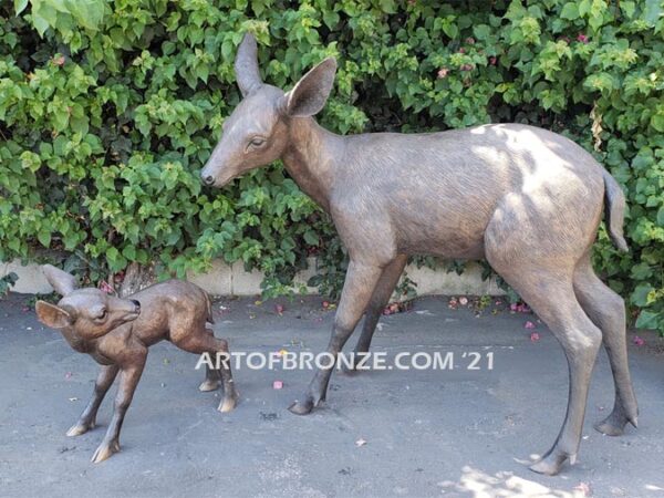 First Steps outdoor monumental bronze doe and fawn standing sculptures