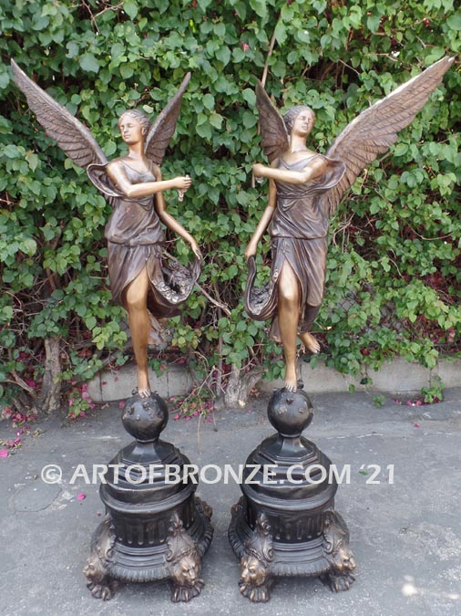 Angels of Fortune bronze sculpture right left pair of flying angel guardian for private gallery or public display