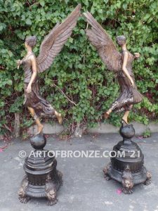 Angels of Fortune bronze sculpture right left pair of flying angel guardian for private gallery or public display