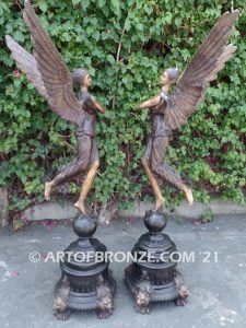 Angels of Fortune bronze sculpture right left pair of flying angel guardian for private gallery or public display