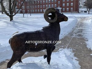 Cornell College outdoor monumental statue of big horn sheep attached to rock pedestal