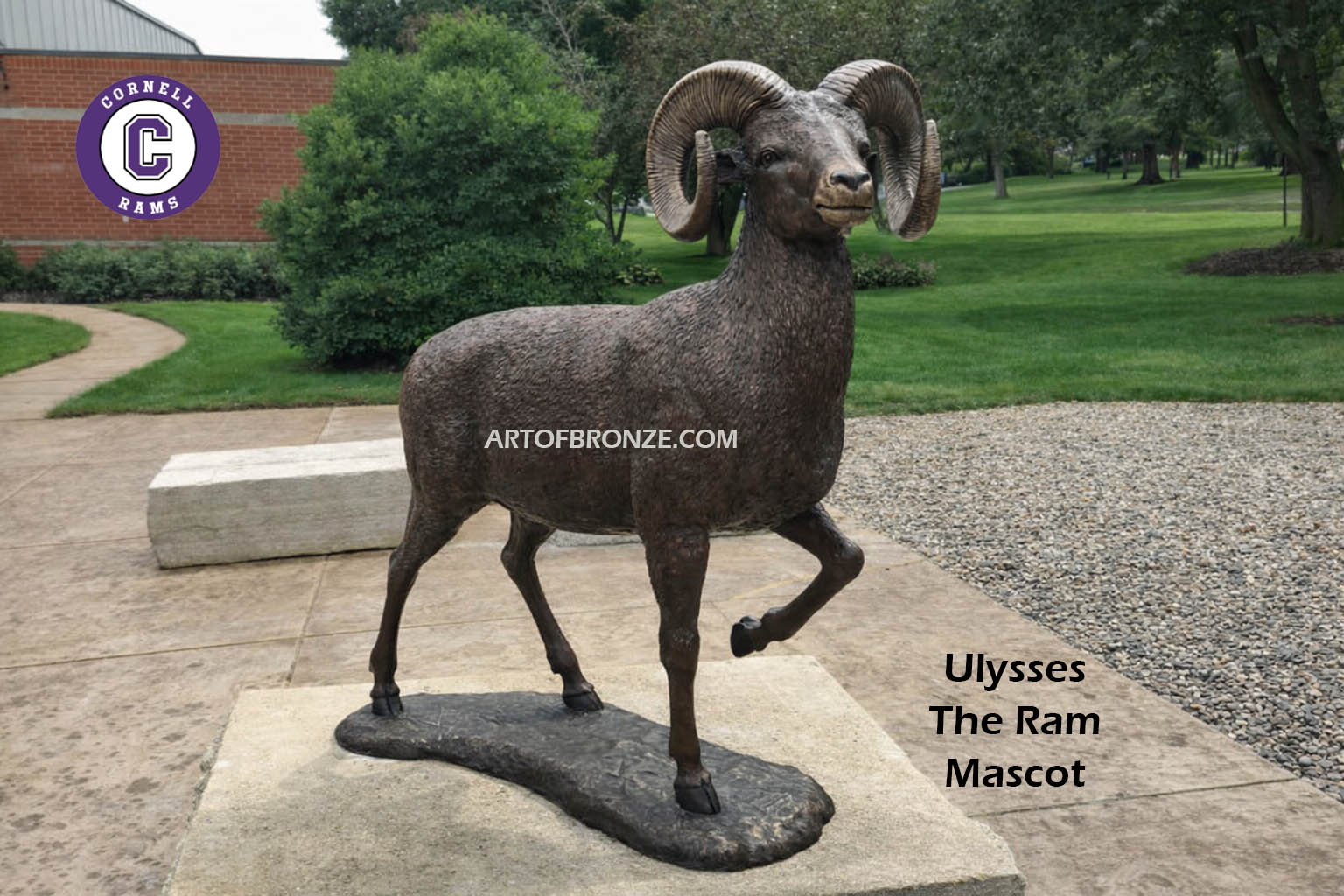 Cornell College outdoor monumental sculpture of big horn sheep mascot Ulysses