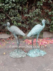 Dinner Time heron pair lost wax casting of pair of cranes for fountain