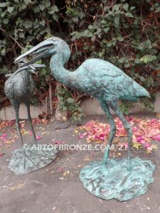 Dinner Time heron pair lost wax casting of pair of cranes for fountain