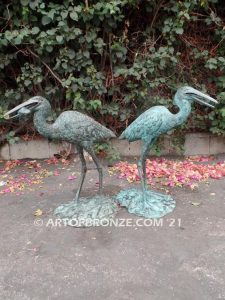 Dinner Time heron pair lost wax casting of pair of cranes for fountain