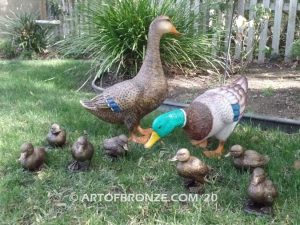 Family Outing outdoor bronze sculptures of walking duck and her ducklings