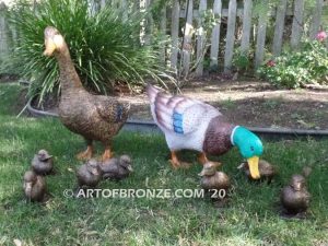 Family Outing outdoor bronze sculptures of walking duck and her ducklings