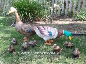 Family Outing outdoor bronze sculptures of walking duck and her ducklings