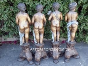 Four Seasons bronze sculpture of young chubby kids holding, wheat, flowers and grapes