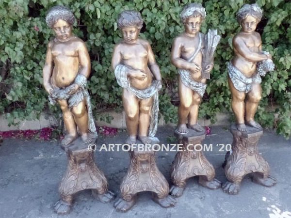 Four Seasons bronze statue of young cherub kids holding, wheat, flowers and grapes