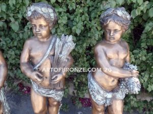 Four Seasons bronze statue of young cherub kids holding, wheat, flowers and grapes
