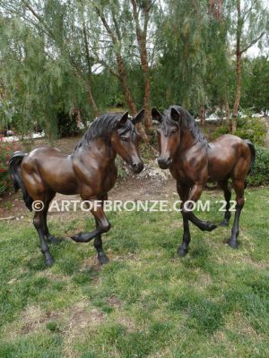 Legacy and Legend bronze sculpture pair of standing right left horses for ranch or equestrian center