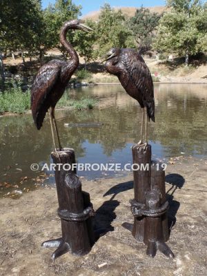 Marshland Magic heron pair lost wax casting of pair of cranes for fountain