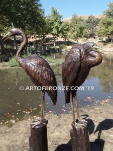 Marshland Magic heron pair lost wax casting of pair of cranes for fountain
