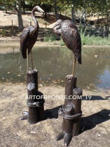 Marshland Magic heron pair lost wax casting of pair of cranes for fountain