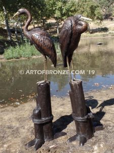 Marshland Magic heron pair lost wax casting of pair of cranes for fountain
