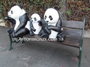 National Treasures special edition, gallery quality three pandas playing on bronze bench