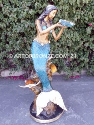 Sea Mermaid bronze sculpture holding oyster shell for pond, pool or aquatic display