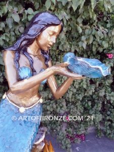 Sea Mermaid bronze sculpture holding oyster shell for pond, pool or aquatic display