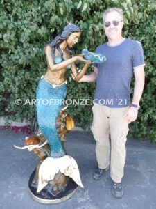 Sea Mermaid bronze sculpture holding oyster shell for pond, pool or aquatic display