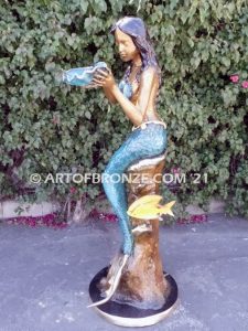 Sea Mermaid bronze sculpture holding oyster shell for pond, pool or aquatic display